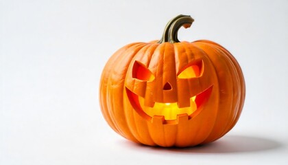  Jack O Lantern halloween pumpkin smiling expression on white background, halloween concept, spooky night, festives season, Spooky Halloween pumpkin, banner, poster template created with generative ai
