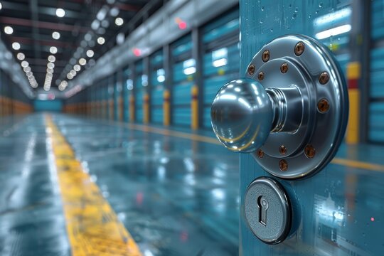 Secure code lock on storage container with roller shutters for warehouse protection