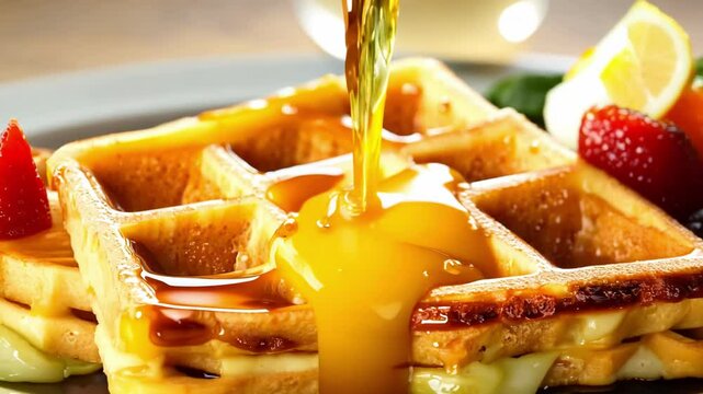 Golden syrup pouring onto a stack of fluffy waffles, surrounded by fresh fruits. A mouthwatering moment that captures the beauty of breakfast indulgence.