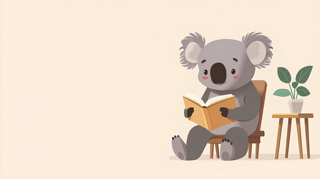Cartoon koala is sitting in a chair reading a book