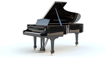 A black grand piano, lid open, stands alone in stark contrast against a white background.