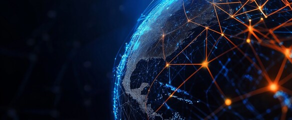 Abstract digital planet Earth with glowing network connections and data lines on a dark blue background, offering 2/3 space for text. Ideal for technology, global communication, or data-driven project