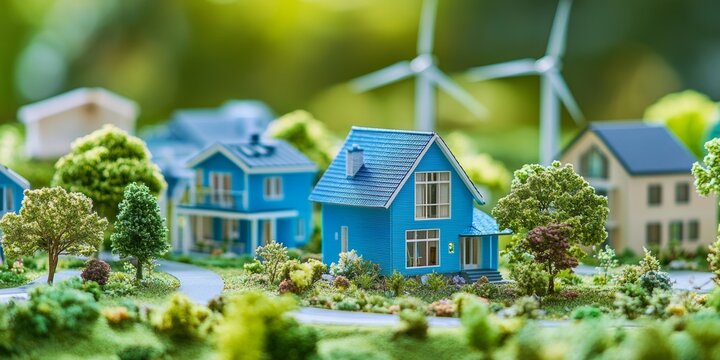 Miniature village featuring blue houses and wind turbines promotes sustainable living in a vibrant green landscape
