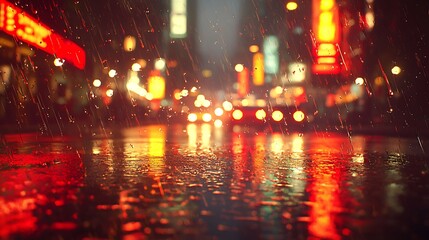 Obraz premium City lights reflect off wet asphalt on a rainy night, transforming the street into a glowing canvas.