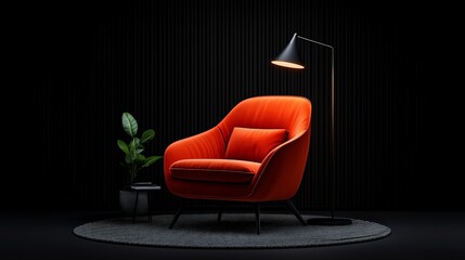 Crimson Comfort: A Stylish Velvet Armchair in a Dark Modern Setting 