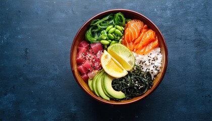 Delicious poke bowl with salmon and tuna