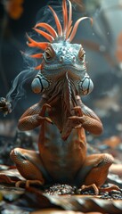 A lizard with a big orange head and long tail sitting on the ground. AI.