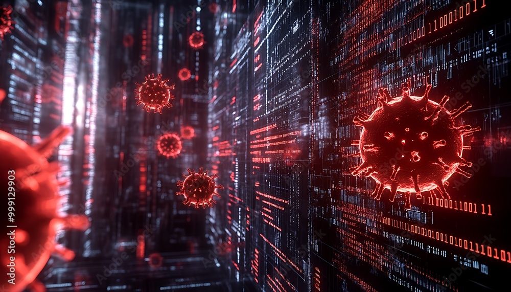 Poster futuristic cyber attack scene with digital viruses and glowing firewall blocking threat