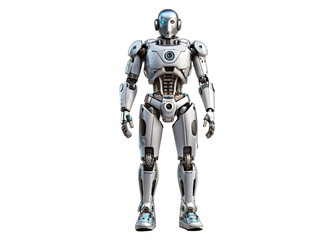 A white humanoid robot stands against a white background. It has blue eyes and a metallic, articulated body