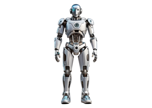 A white humanoid robot stands against a white background. It has blue eyes and a metallic, articulated body