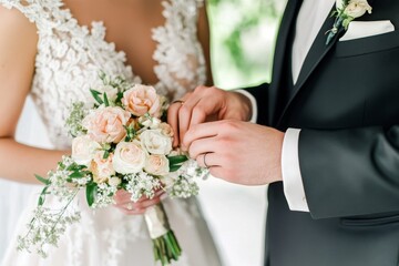 Groom placing a ring on his bride's finger during the wedding ceremony, showcasing their hands and rings.