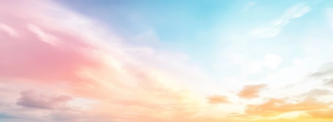Pastel-colored clouds in a dreamy sky create an ethereal atmosphere, featuring a gradient of soft pinks, blues, oranges, and yellows reminiscent of a sunset or sunrise, perfect for various themes like