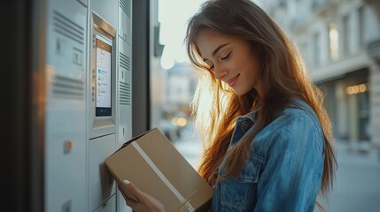 Woman using an outdoor automated parcel machine for easy self-service package collection