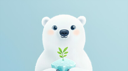 Cartoon polar bear holding a plant in its mouth