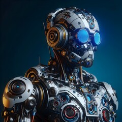 Fototapeta premium Futuristic robot with eyes of blue lights, equipped with artificial intelligence, observes something that catches its attention.