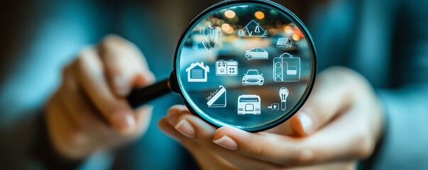 Insurance and assurance concept, Person using magnifying glass focus to family insurance icons for medical, life, car, home, travel insurance