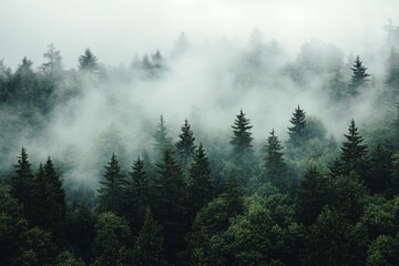 Dense forest shrouded in mist, showcasing silhouettes of pine trees contrasting against soft gray clouds, creating an ethereal and mysterious atmosphere.