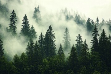 Dense forest shrouded in mist, showcasing silhouettes of pine trees contrasting against soft gray clouds, creating an ethereal and mysterious atmosphere.