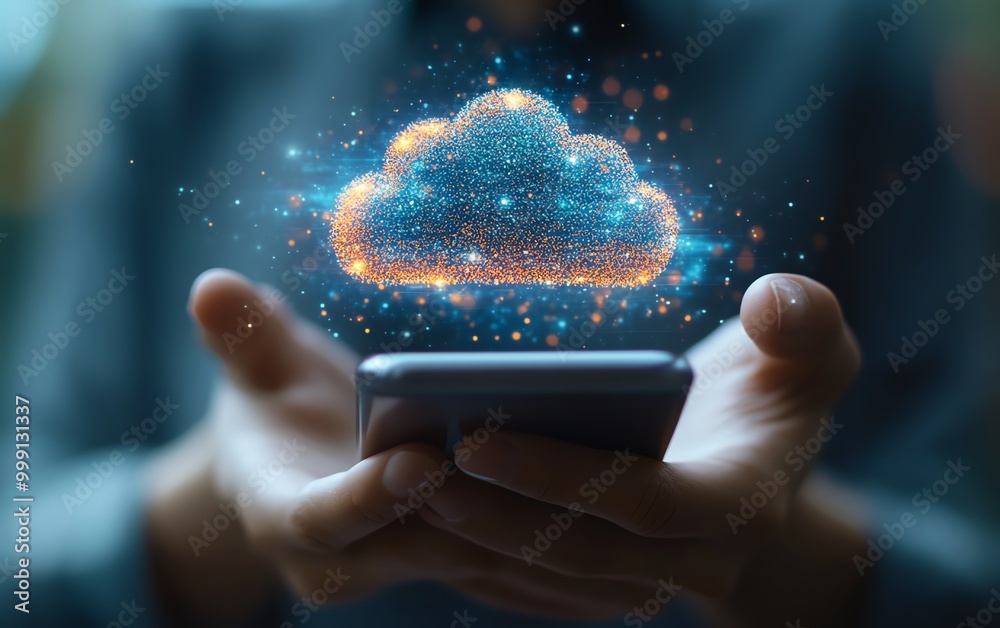 Poster Backup concept, Businessman use smartphone with virtual Cloud backup icon for data backup management Online digital data storage and connection service