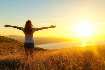 Woman with arms outstretched on a grassy hill, basking in the warm golden light of a beautiful sunrise over the ocean, embodying happiness and peace.