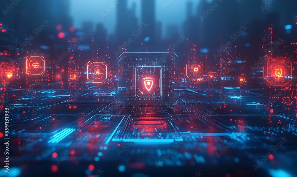 Poster Abstract Illustration of Encryption Layers Protecting Digital System with Glowing Data and Virtual Shields
