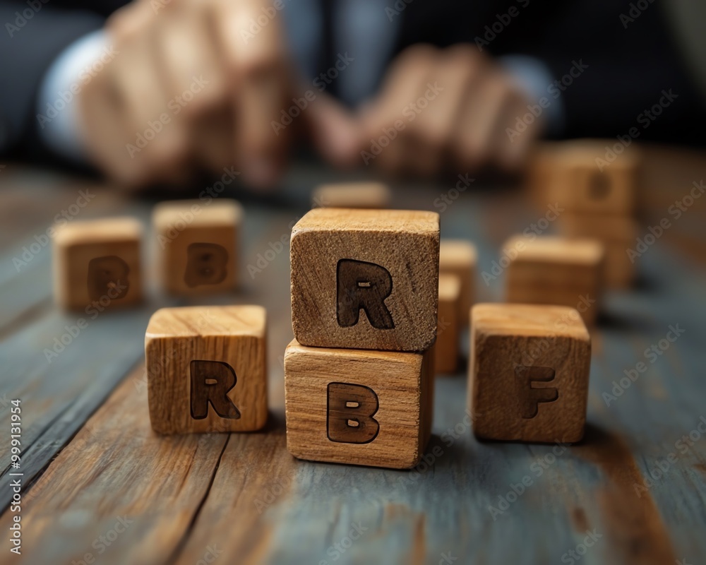 Aufkleber option to approve or reject on wooden blocks with businessman working in background document approva