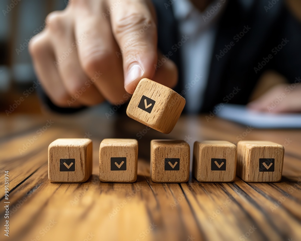 Poster Option to approve or reject on wooden blocks with businessman working in background Document approval , project assessment evaluation acceptance, and quality assurance