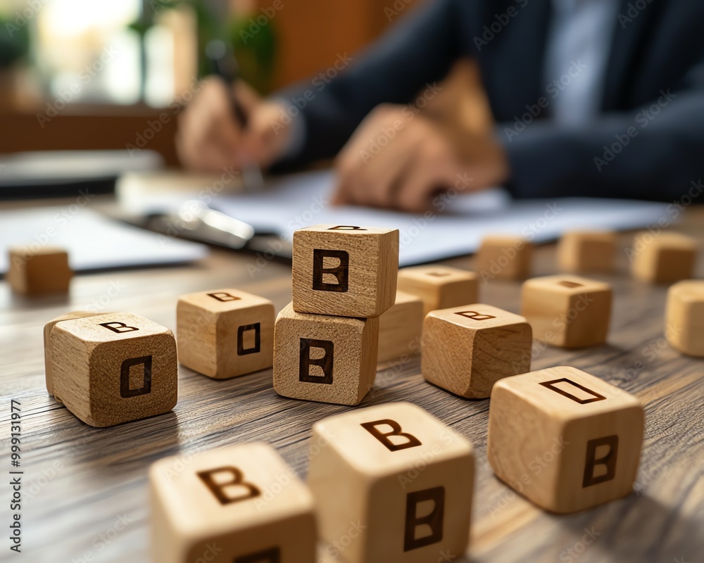 Poster Option to approve or reject on wooden blocks with businessman working in background Document approval , project assessment evaluation acceptance, and quality assurance