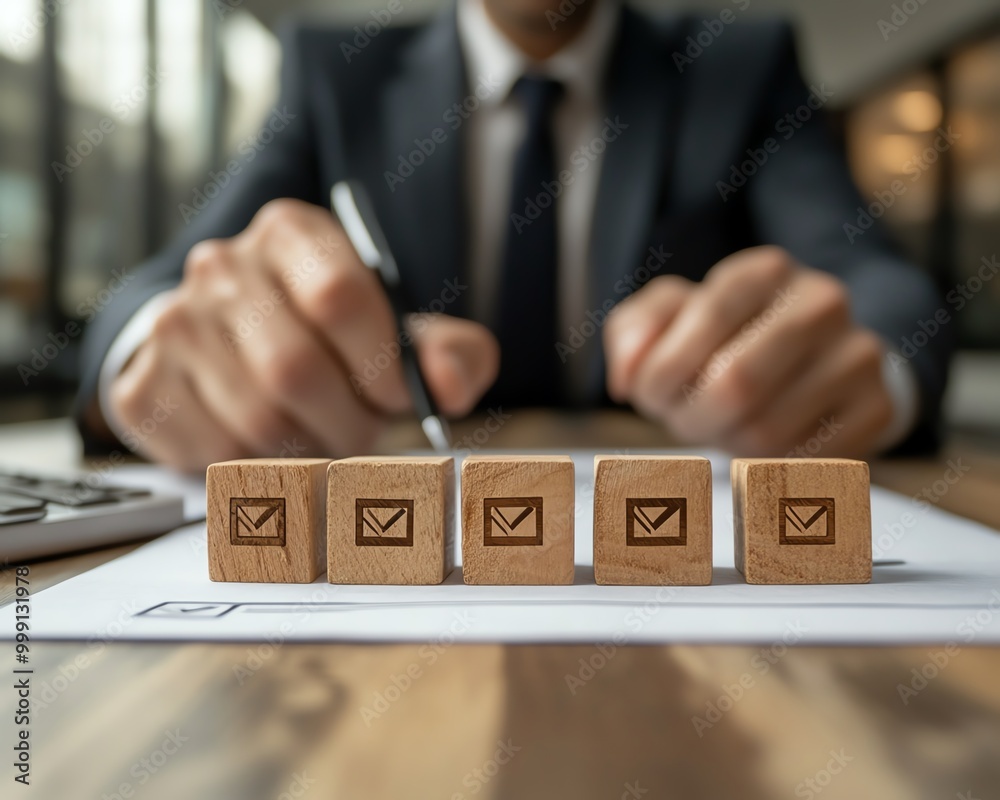 Poster Option to approve or reject on wooden blocks with businessman working in background Document approval , project assessment evaluation acceptance, and quality assurance