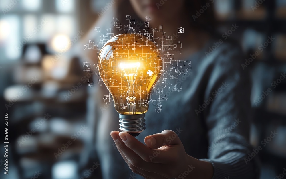 Poster Problem solving strategy technique and solution concept, Person holding light bulb with jigsaw icon on virtual screen