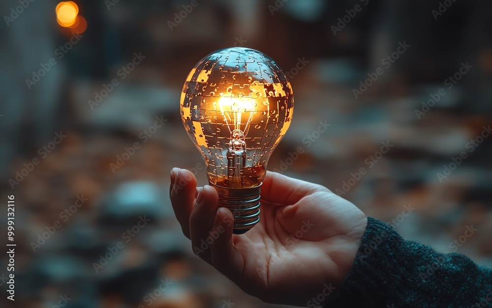 Poster Problem solving strategy technique and solution concept, Person holding light bulb with jigsaw icon on virtual screen