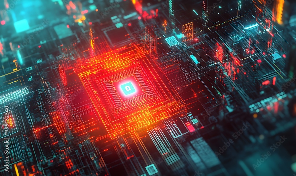 Poster Abstract Illustration of Encryption Layers Protecting Digital System with Glowing Data and Virtual Shields