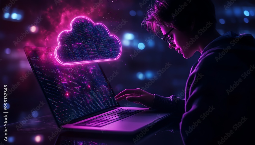 Poster Secure access to data on cloud Person use laptop with cloud computing technology that provides online network services, applications, server systems, Storage, networking