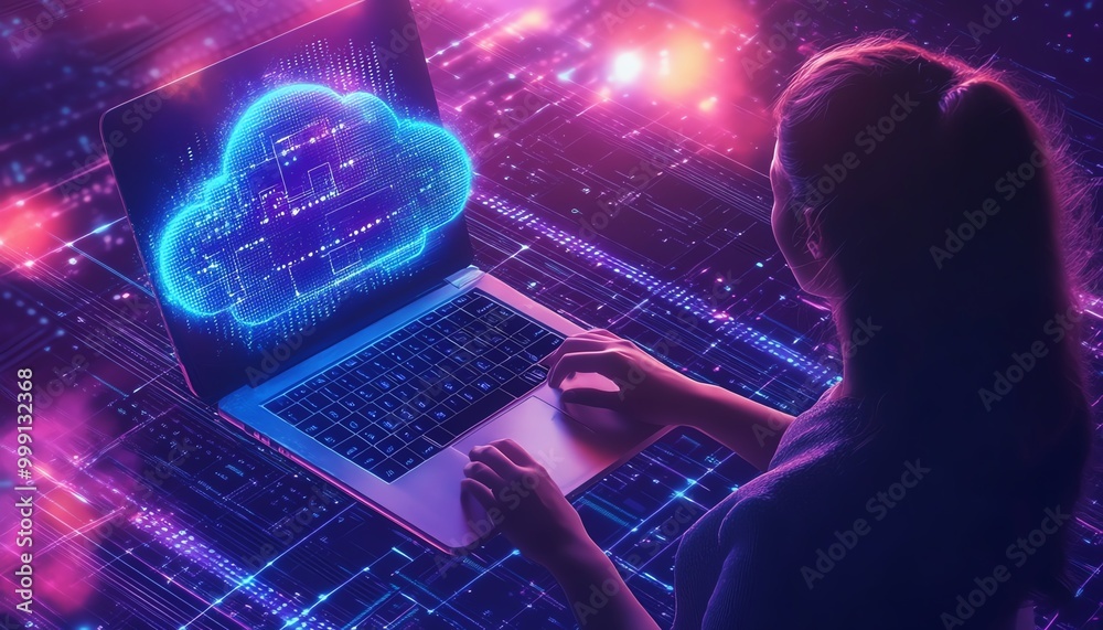Leinwandbilder Secure access to data on cloud Person use laptop with cloud computing technology that provides online network services, applications, server systems, Storage, networking