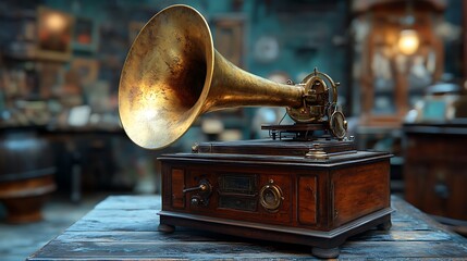 An antique brass phonograph record player stands proudly�a nod to the enduring legacy of music technology.