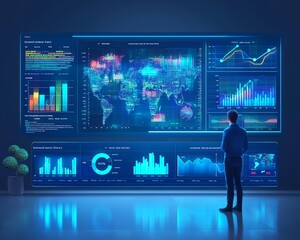 Business analytics concept, data analyzing financial statistics, market research Businessman with data analysis and reporting plans, display dashboard charts on virtual screen