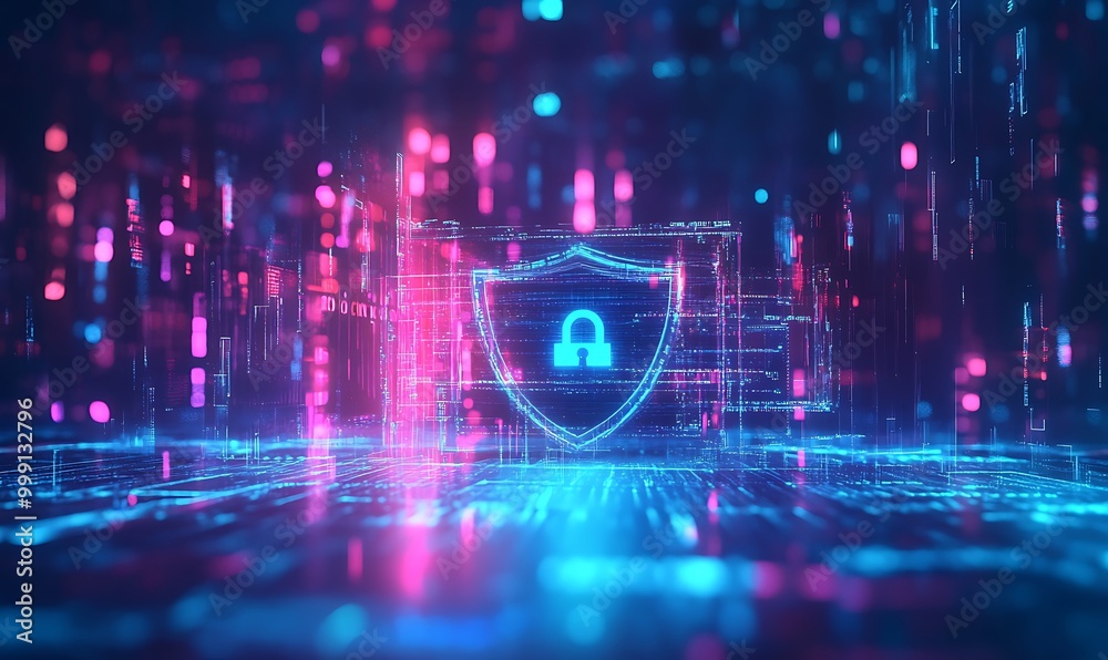 Poster Abstract Illustration of Encryption Layers Protecting Digital System with Glowing Data and Virtual Shields