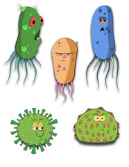 Obraz premium Cartoon-like illustrations of bacteria, viruses, and germs, each designed to look like monsters with unique features such as eyes, tentacles, spikes, vibrant colors, and exaggerated expressions.