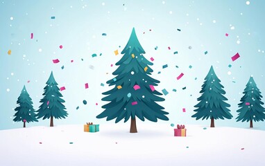Obraz premium Colorful confetti falling around trees in a festive scene flat design top view holiday party theme animation vivid