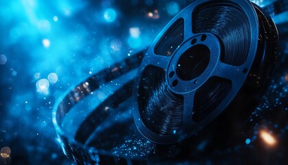 Digital blue and black film strip background Cinematography and entertainment industry movie banner or poster with camera reel