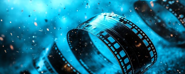 Digital blue and black film strip background Cinematography and entertainment industry movie banner or poster with camera reel