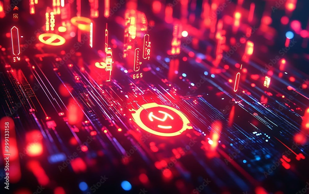 Poster Glowing Network of Encrypted Data with Cyber Threats Attempting Breach Held Back by Locks and Firewalls