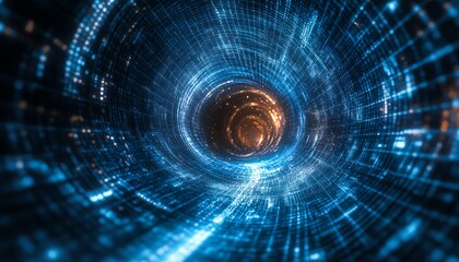 Perspective view of abstract futuristic technology blue tunnel structure in motion Digital geometric light space speed effect