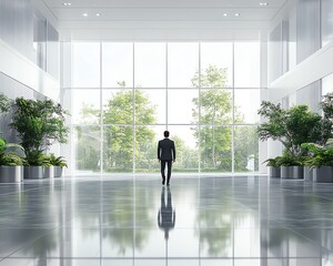 Fototapeta premium Rear back view of businessman walking through bright corporate company office building interior