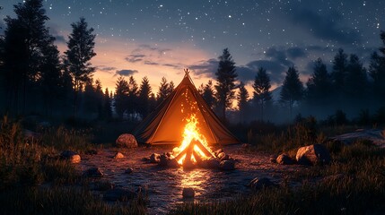 A beautifully crafted campfire and camping tent in the nature