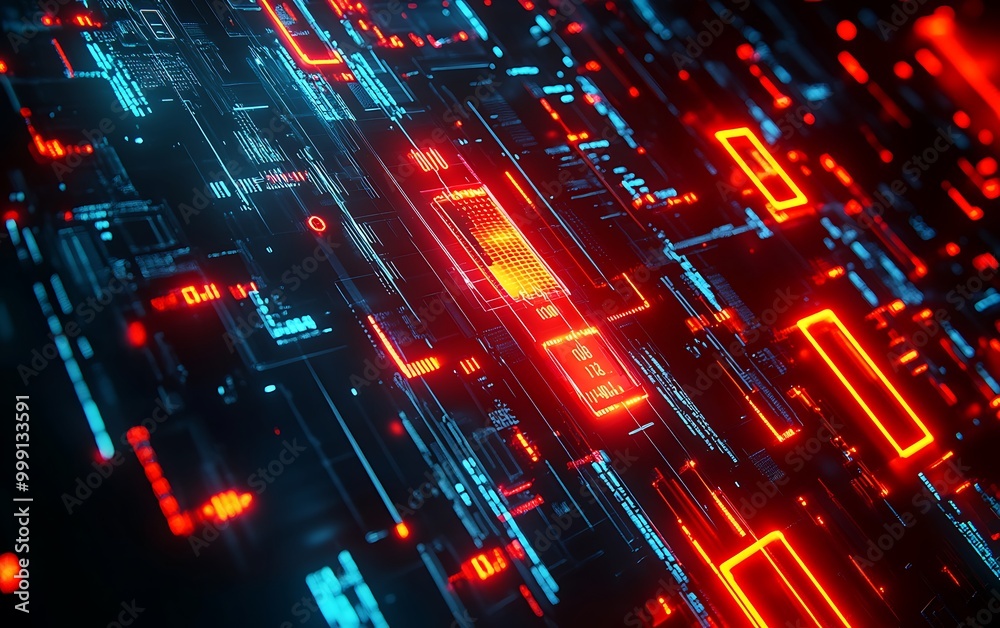 Poster Glowing Network of Encrypted Data with Cyber Threats Attempting Breach Held Back by Locks and Firewalls