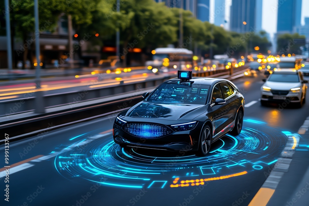 Poster Futuristic control system in a self-driving city, where autonomous vehicles and smart infrastructure are monitored by real-time AI algorithms