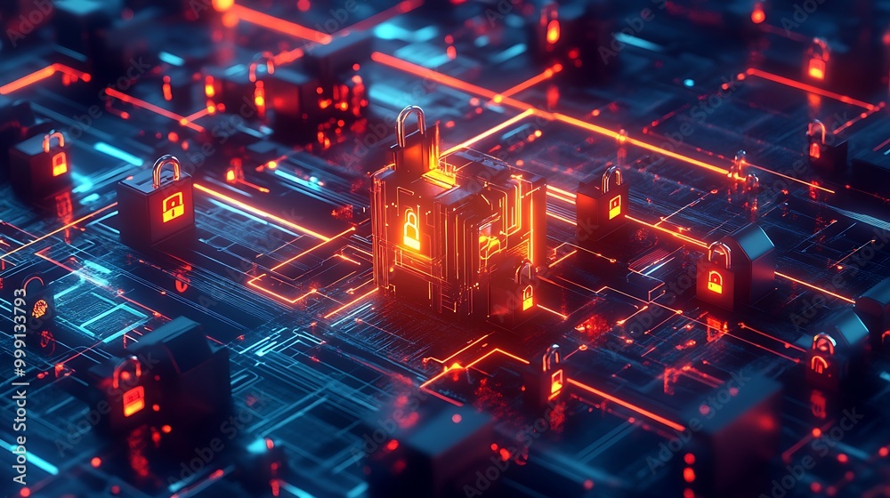 Poster Conceptual Digital Fortress with Encrypted Data Streams and Glowing Locks Protecting from Cyber Attacks