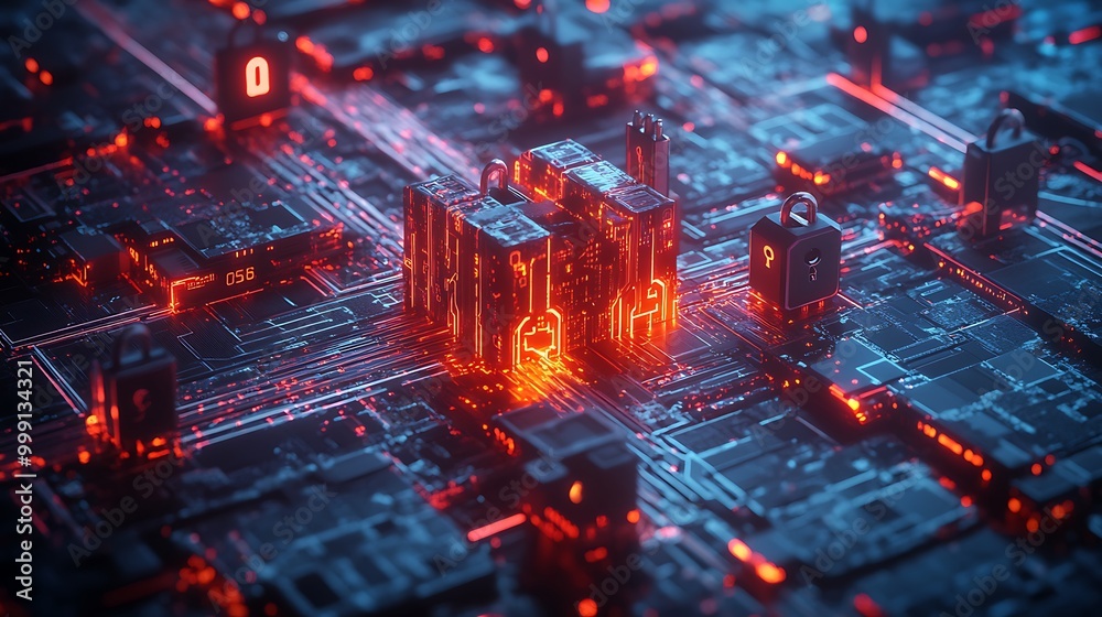 Poster Conceptual Digital Fortress with Encrypted Data Streams and Glowing Locks Protecting from Cyber Attacks