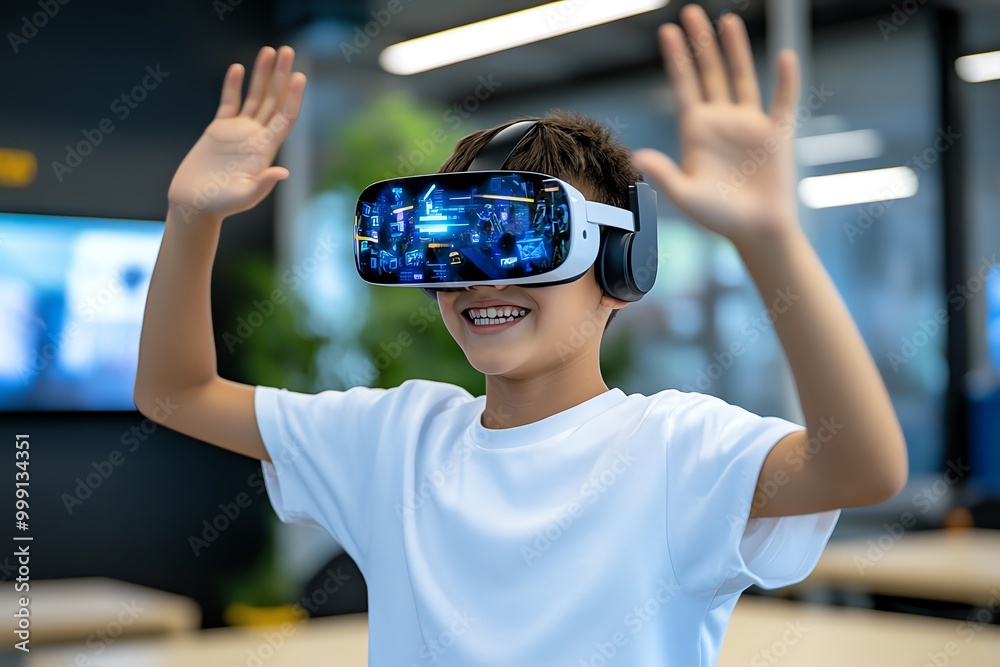 Poster Futuristic digital literacy class, where students use holographic screens and virtual reality headsets to develop skills in a high-tech learning environment